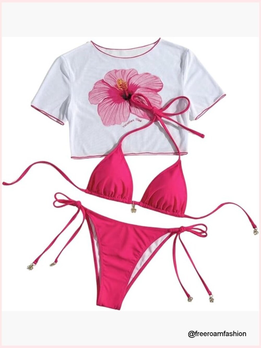 Floral Mesh Cover Up Bikini Set Triangle Halter String Swimwear